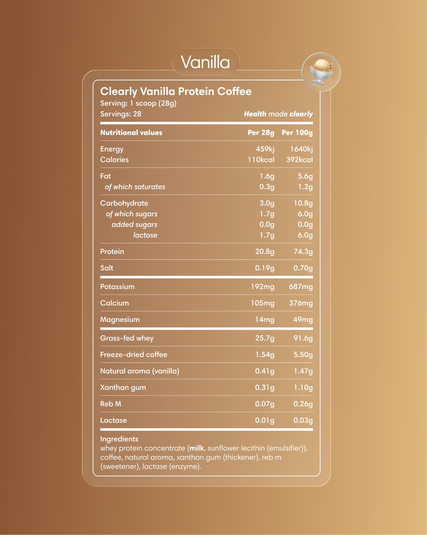 Clearly Protein Iced Coffee with vanilla flavor, cold beverage with creamy texture and coffee and protein ingredients visible in the image.
