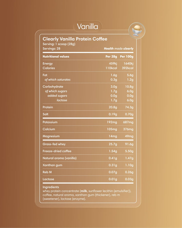 Clearly Protein Iced Coffee with vanilla flavor, cold beverage with creamy texture and coffee and protein ingredients visible in the image.