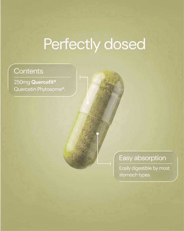 Clearly Quercetine capsules in a bottle, showing the dietary supplement capsules for immune support and antioxidant benefits.