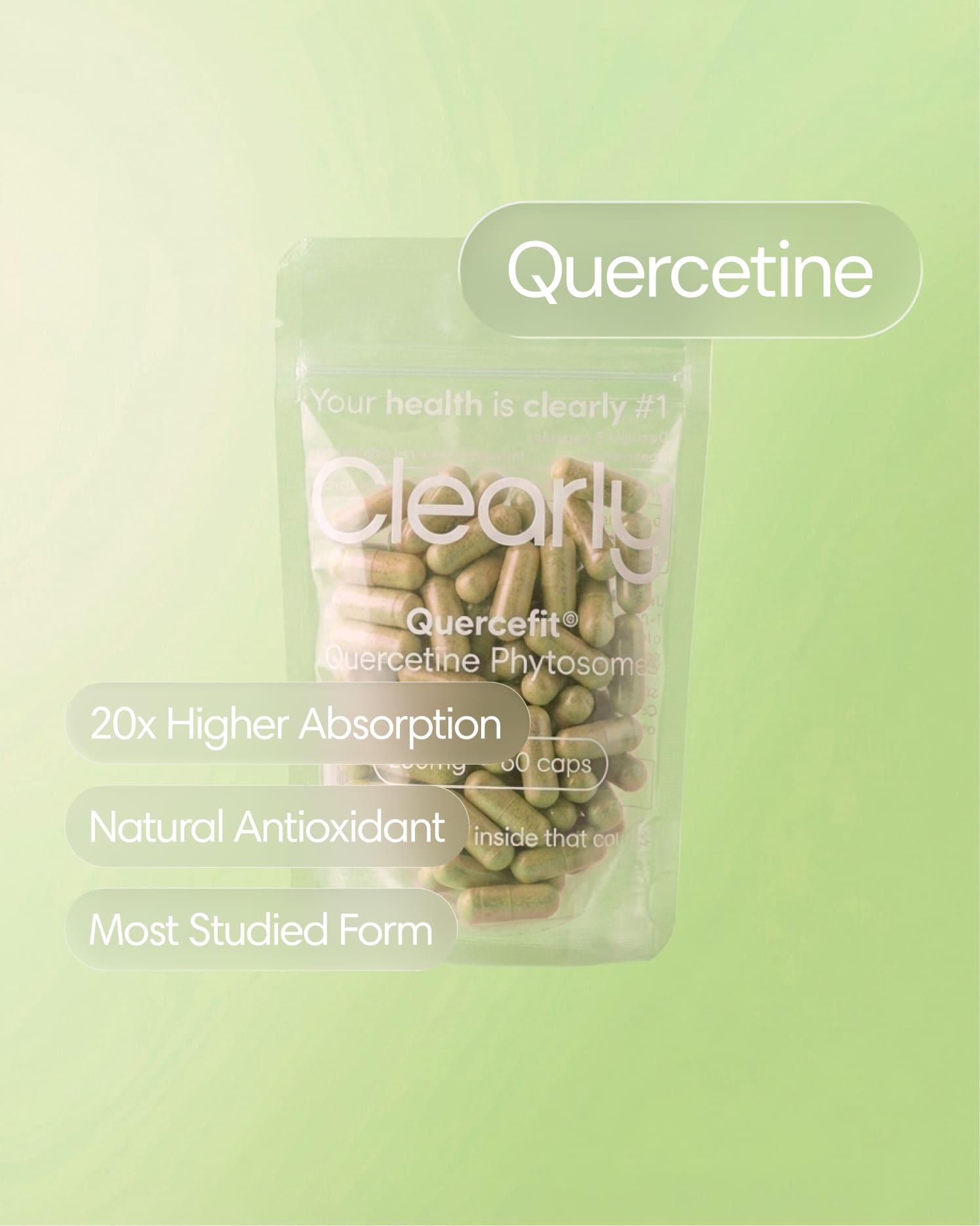 Clearly Quercetine capsules in a bottle, showing the front label and capsules inside, for immune support and antioxidant benefits.