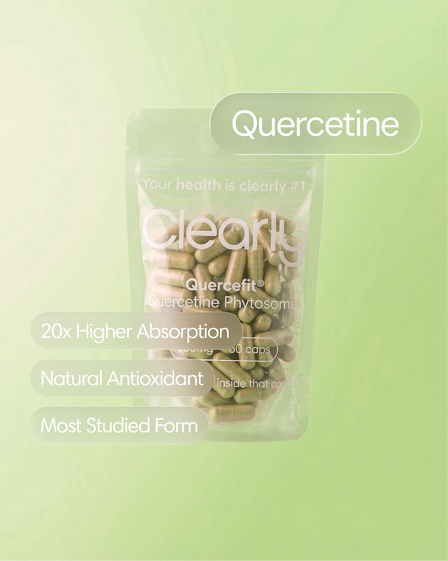 Clearly Quercetine capsules in a bottle, showing the front label and capsules inside, for immune support and antioxidant benefits.