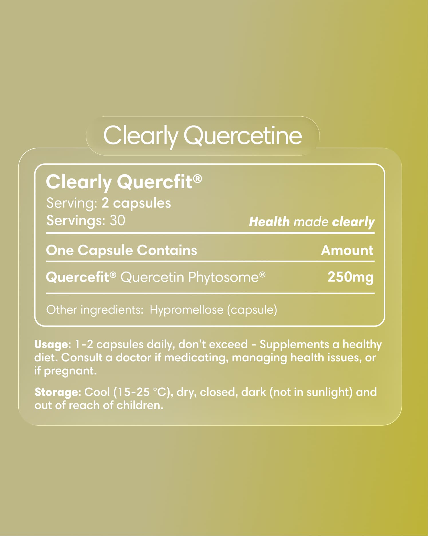 Clearly Quercetine capsules bottle with label, showing supplement packaging and product name.