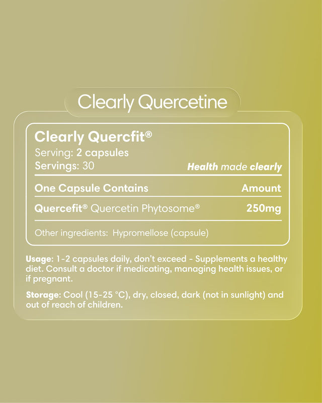 Clearly Quercetine capsules bottle with label, showing supplement packaging and product name.
