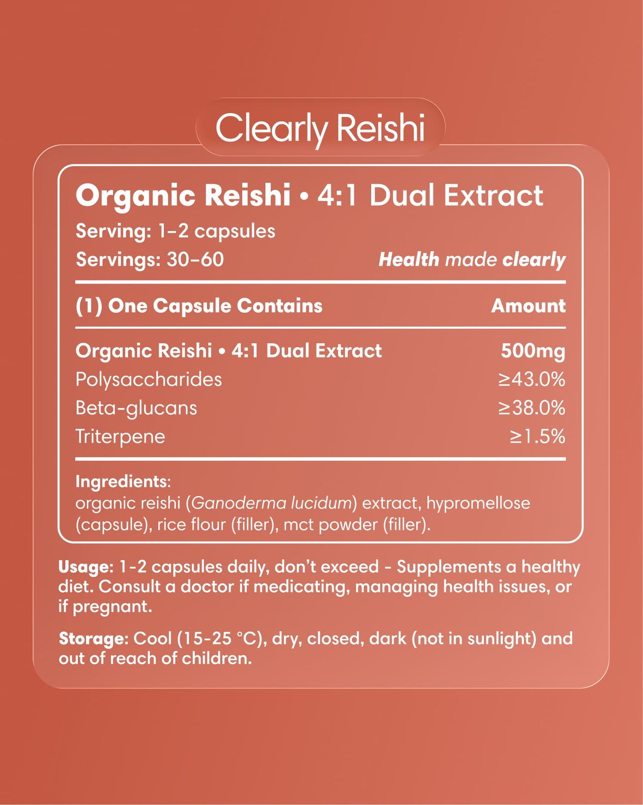 Clearly Reishi capsules bottle with label showing supplement details and branding, set against a neutral background.