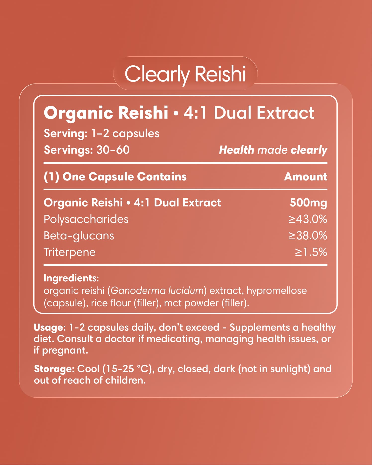 Clearly Reishi capsules bottle with label showing supplement details and branding, set against a neutral background.