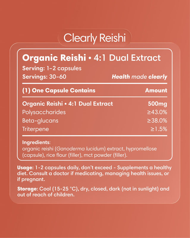 Clearly Reishi capsules bottle with label showing supplement details and branding, set against a neutral background.