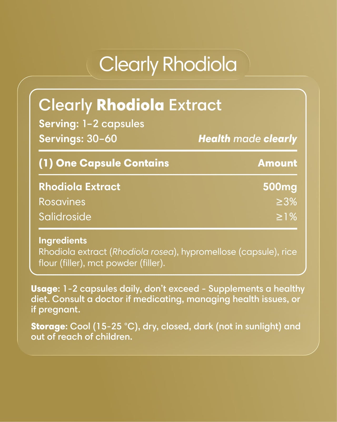 Clearly Rhodiola capsules bottle with label showing herbal supplement for energy and stress support.
