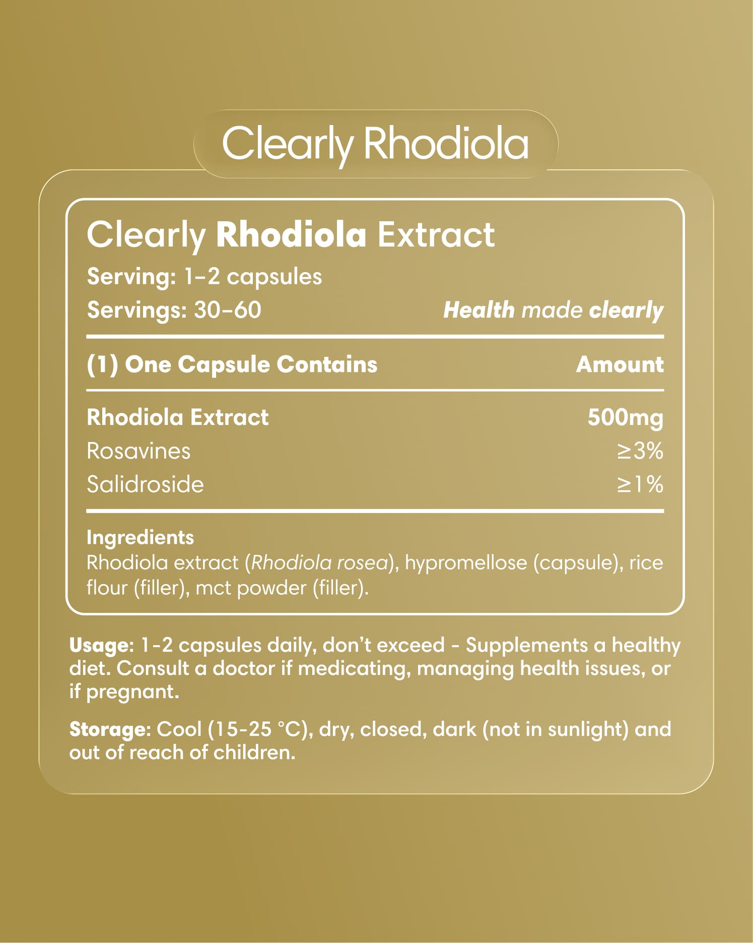 Clearly Rhodiola capsules bottle with label showing herbal supplement for energy and stress support.