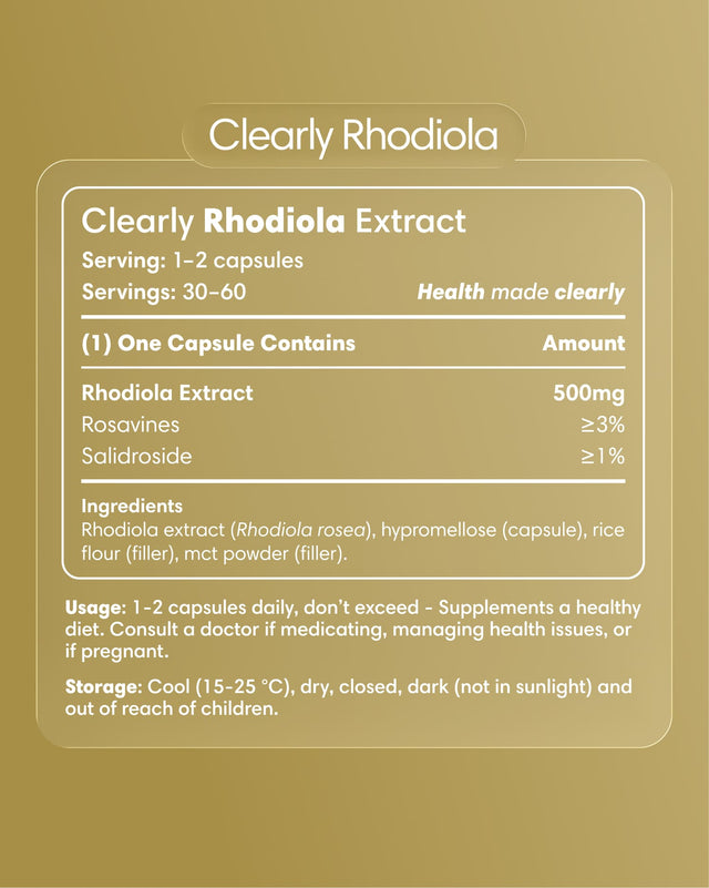 Clearly Rhodiola capsules bottle with label showing herbal supplement for energy and stress support.