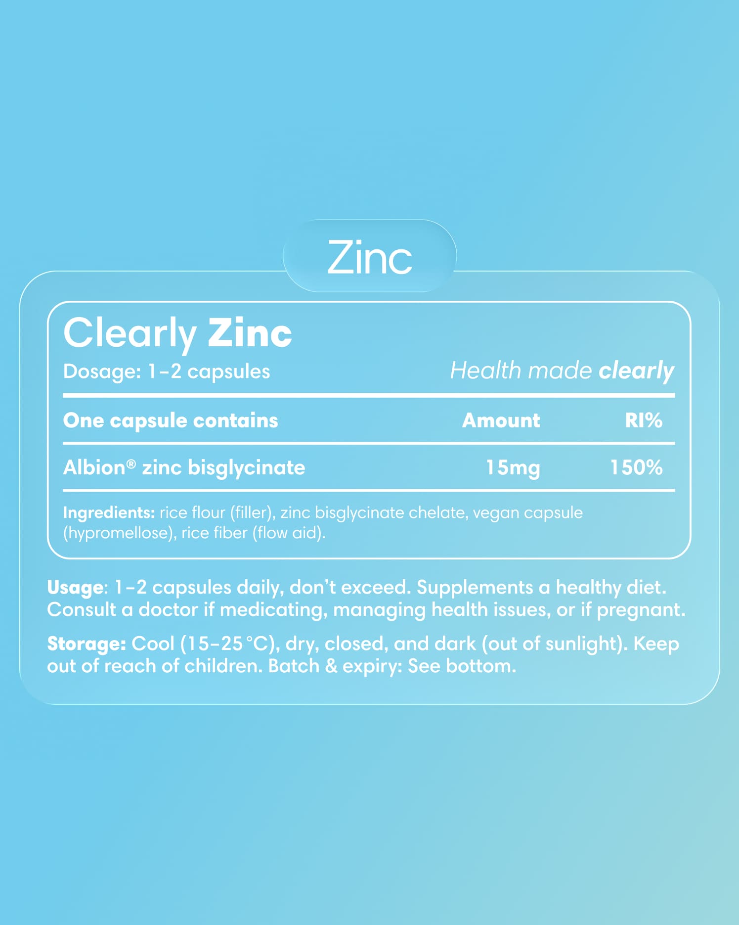 Clearly Zinc supplement label with product name and branding, featuring a clean design and nutritional information.