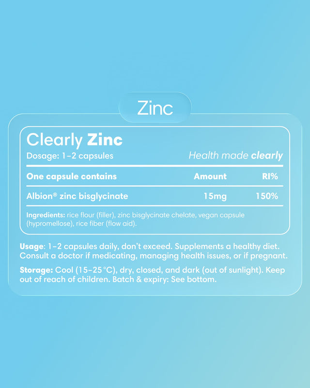 Clearly Zinc supplement label with product name and branding, featuring a clean design and nutritional information.