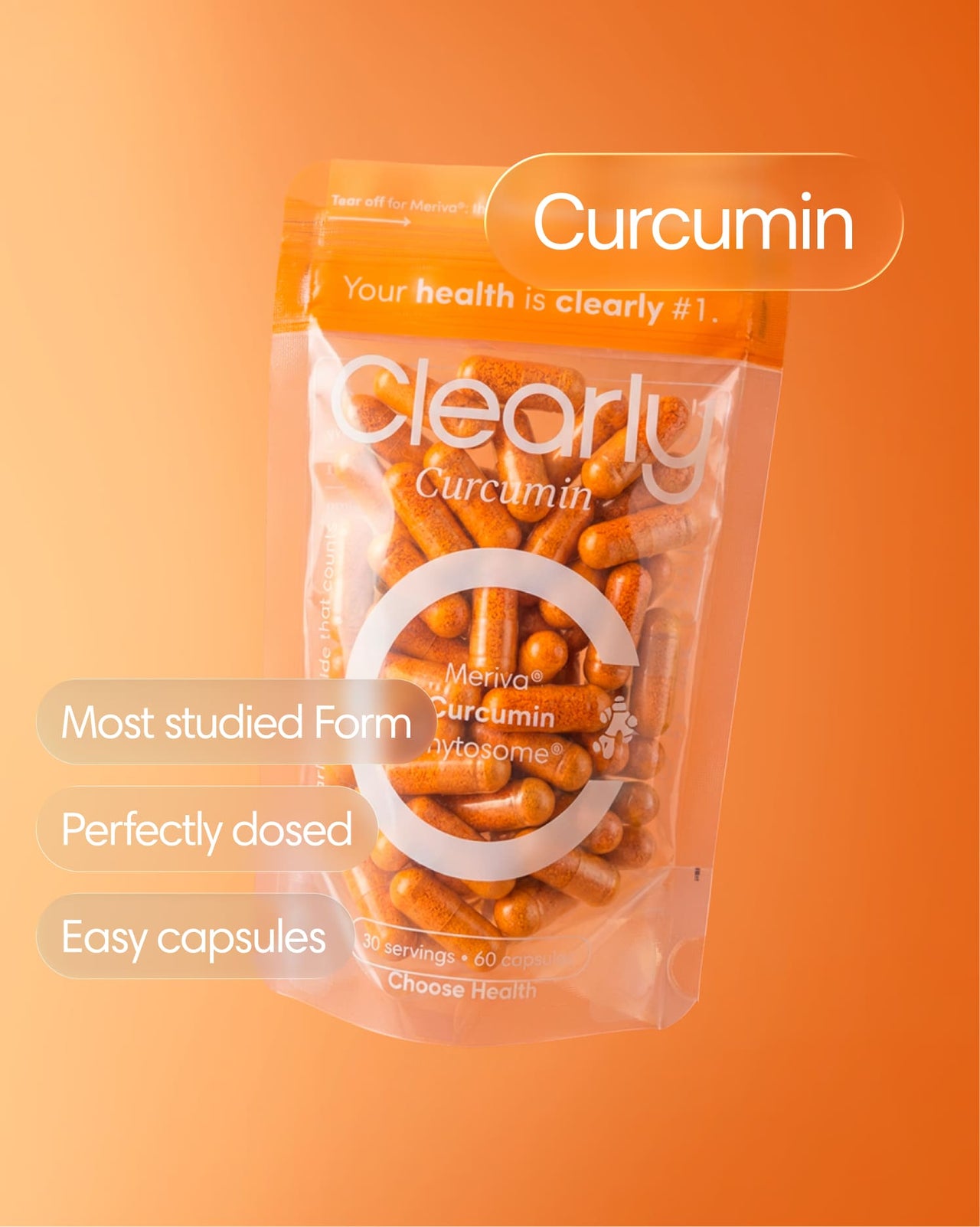 Clearly Curcumin capsules in a bottle, showing the front label with vibrant orange and yellow design elements.