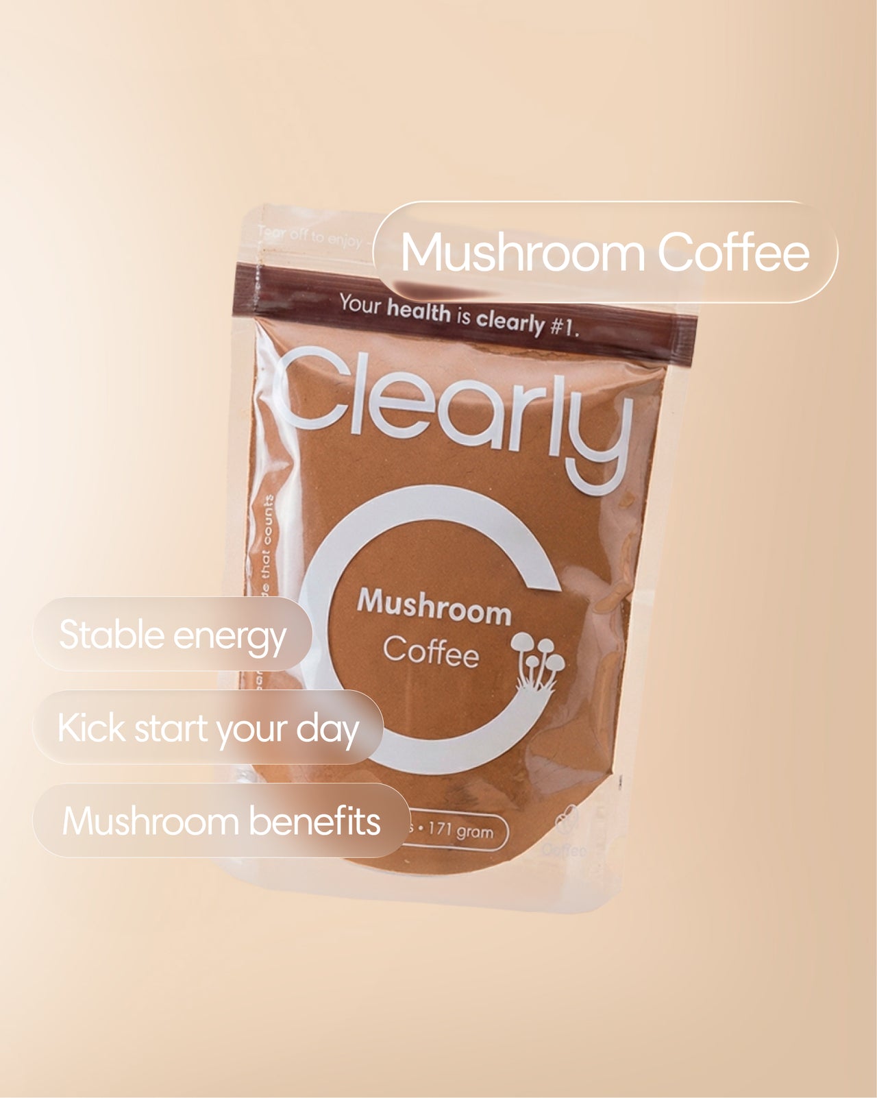 Clearly mushroom coffee in a mug with a spoon, showcasing a smooth, dark brew with fresh mushroom slices on a wooden table.