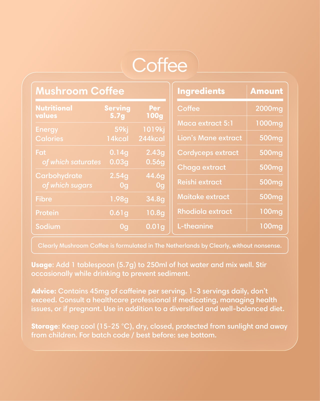 Clearly Mushroom Coffee label showing a bag with earthy mushroom illustrations and natural coffee branding.