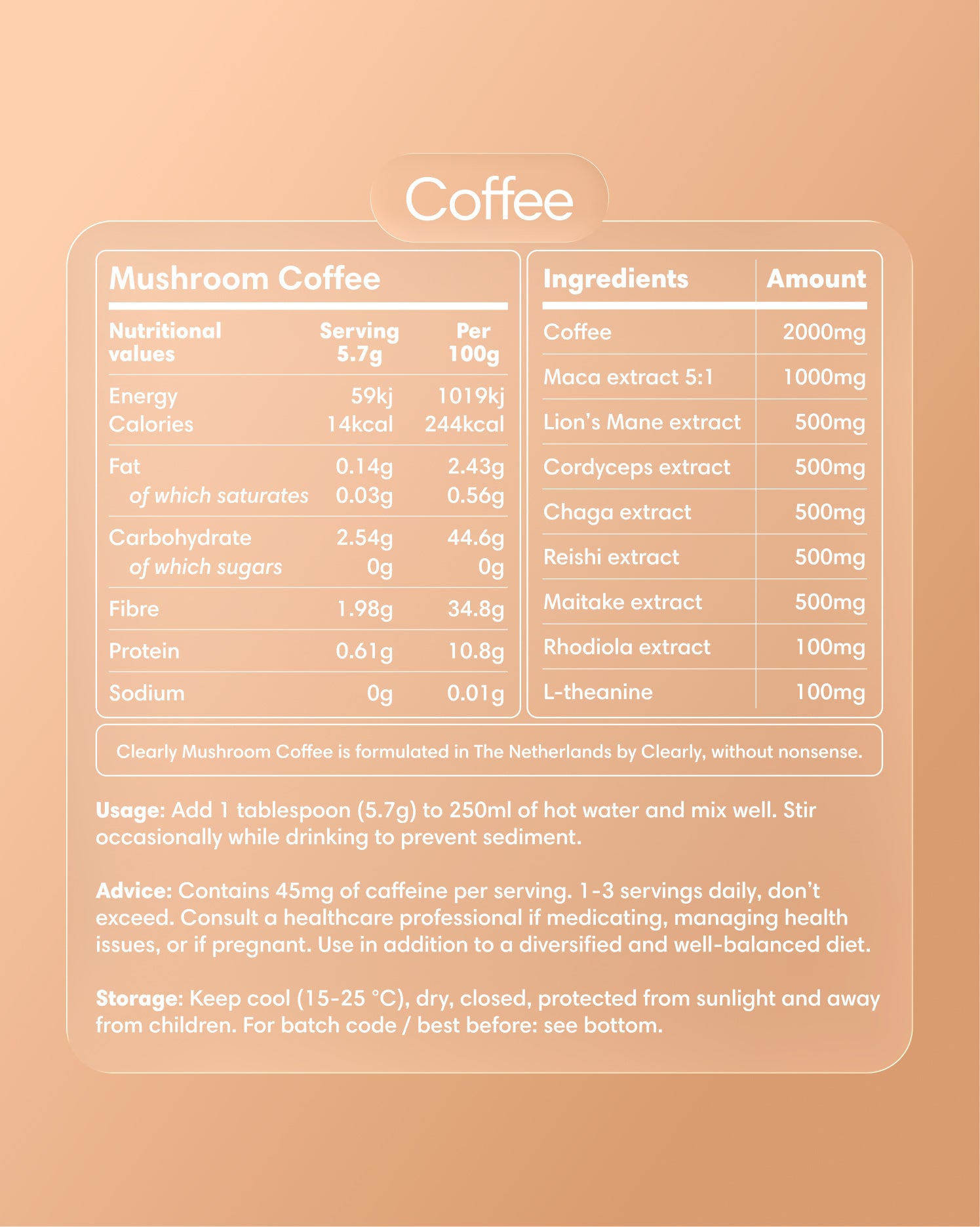 Clearly Mushroom Coffee label showing a bag with earthy mushroom illustrations and natural coffee branding.