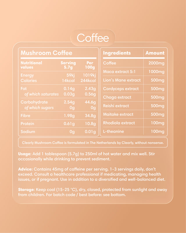 Clearly Mushroom Coffee label showing a bag with earthy mushroom illustrations and natural coffee branding.