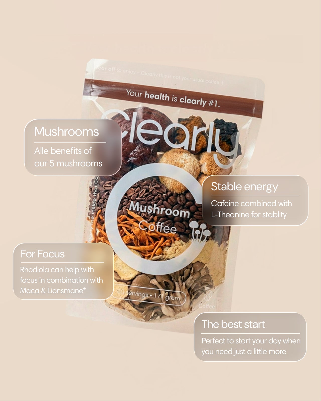 Clearly Mushroom Coffee in a jar with coffee beans and mushrooms, showcasing the organic, earthy ingredients of the beverage.