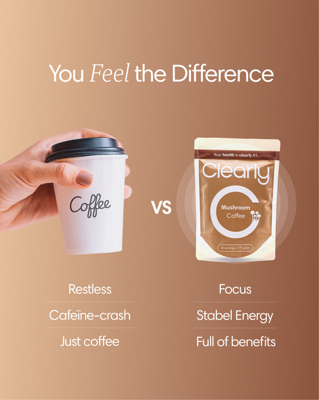 Clearly Mushroom Coffee package with coffee and mushroom ingredients, showcasing the product's natural and earthy appeal.
