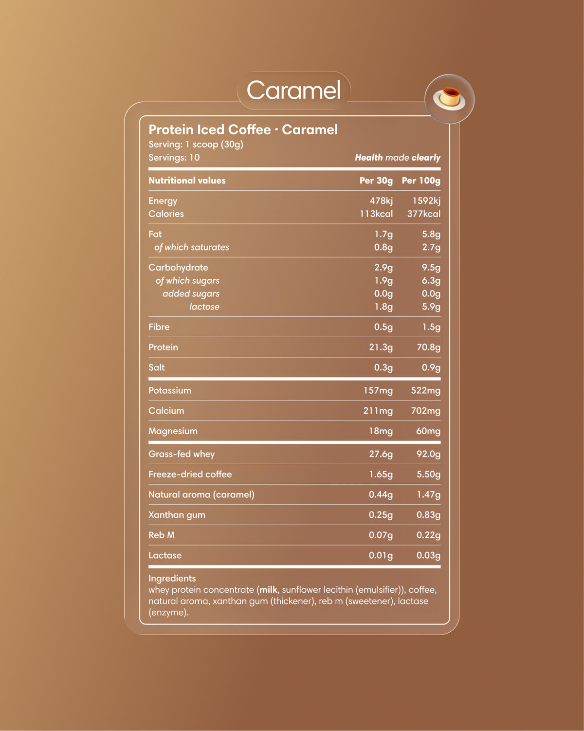 Clearly Protein Iced Coffee with caramel flavor in a clear plastic cup, topped with ice and whipped cream.