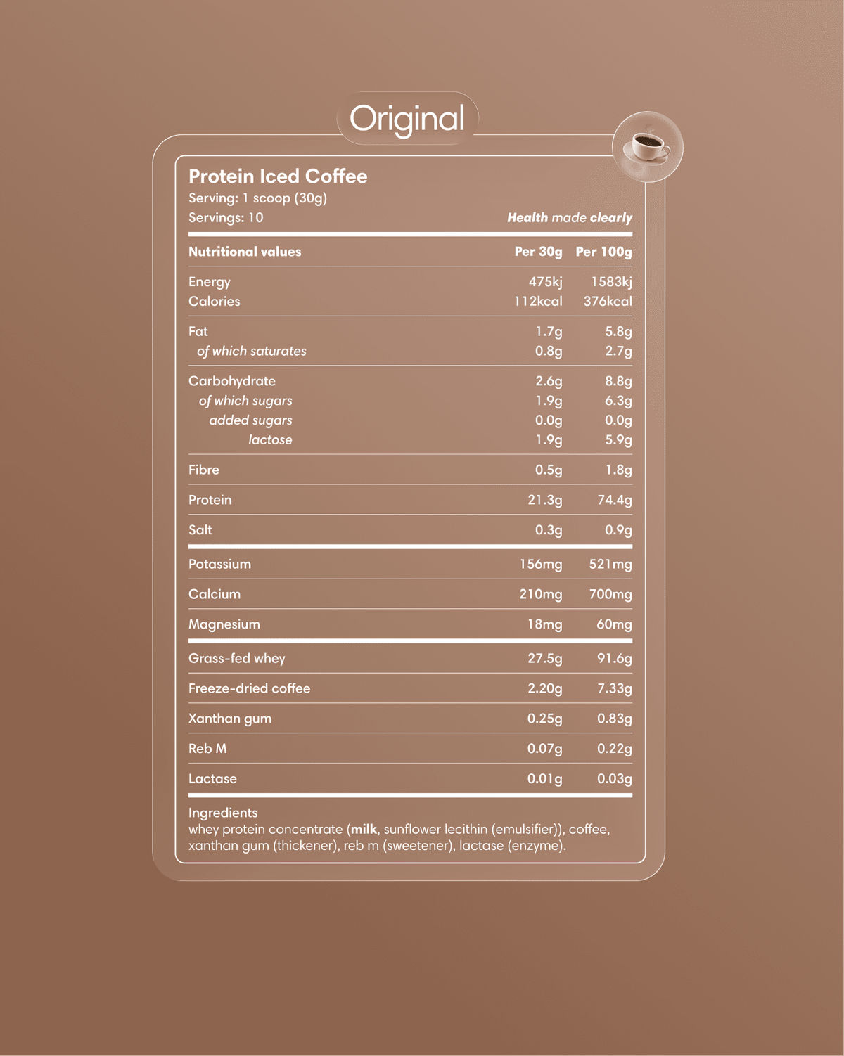 Clearly Protein Iced Coffee in original flavor, showing a refreshing glass filled with iced coffee and protein, garnished with ice and cream.