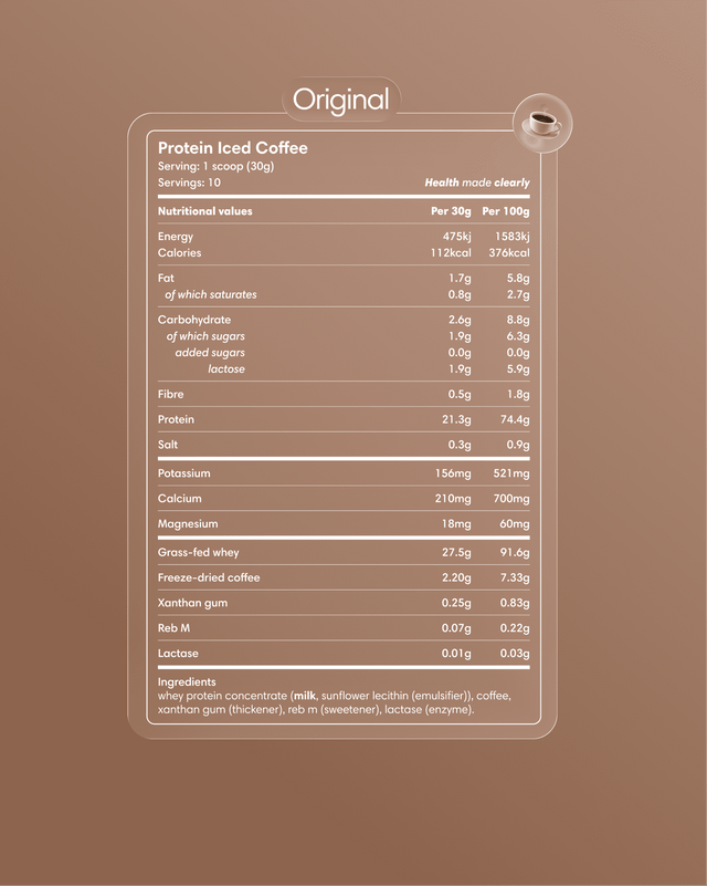 Clearly Protein Iced Coffee in original flavor, showing a refreshing glass filled with iced coffee and protein, garnished with ice and cream.