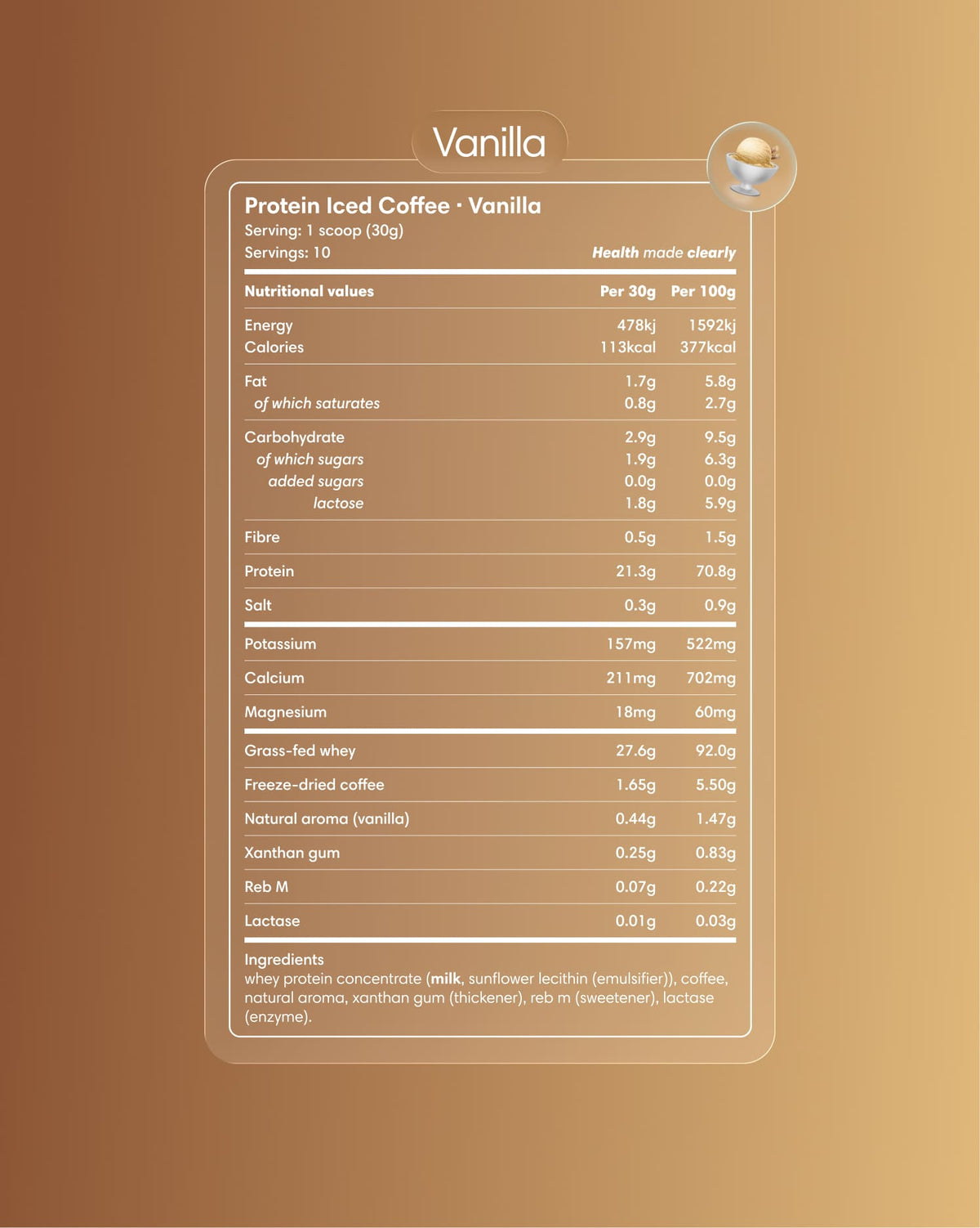 Clearly Protein Iced Coffee with vanilla flavor in a clear plastic bottle, showing the beverage with ice and vanilla flavor notes.