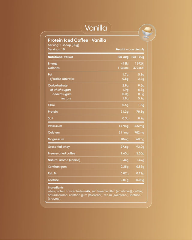 Clearly Protein Iced Coffee with vanilla flavor in a clear plastic bottle, showing the beverage with ice and vanilla flavor notes.