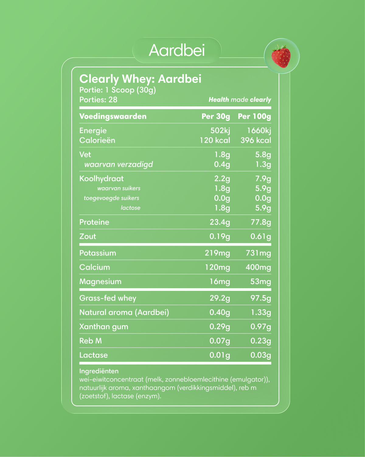 Clearly strawberry-flavored grass-fed whey protein powder label with bright red packaging and nutritional information.