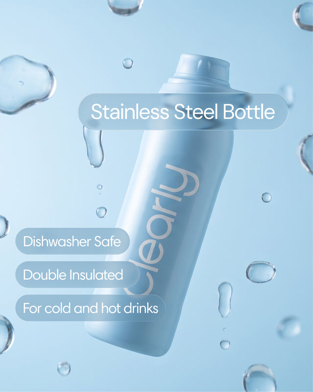 Clearly stainless steel water bottle with a sleek design, featuring a screw-top lid and durable construction for everyday use.