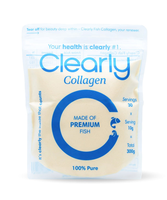Clearly Fish Collagen supplement bottle with front label visible, showcasing the product and branding.