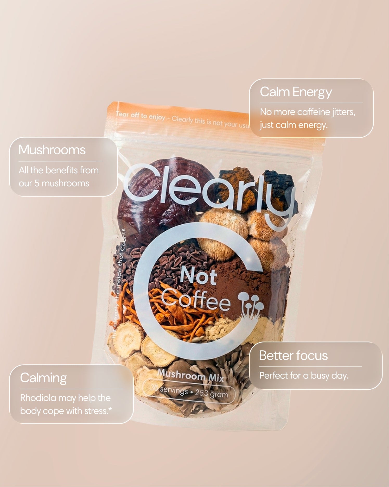 Clearly Not Coffee powder in a container, showcasing the natural, health-focused supplement with a scoop for serving.