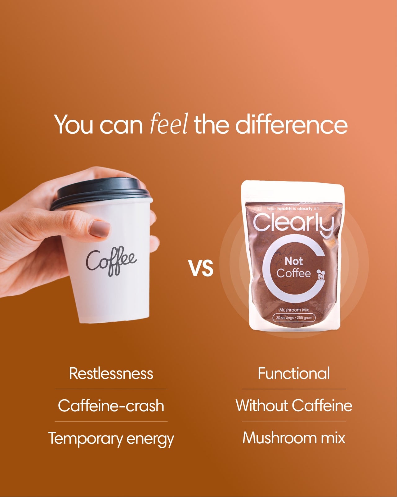 Clearly Not Coffee powder in a container with a scoop, showing the beige powder inside on a white background.