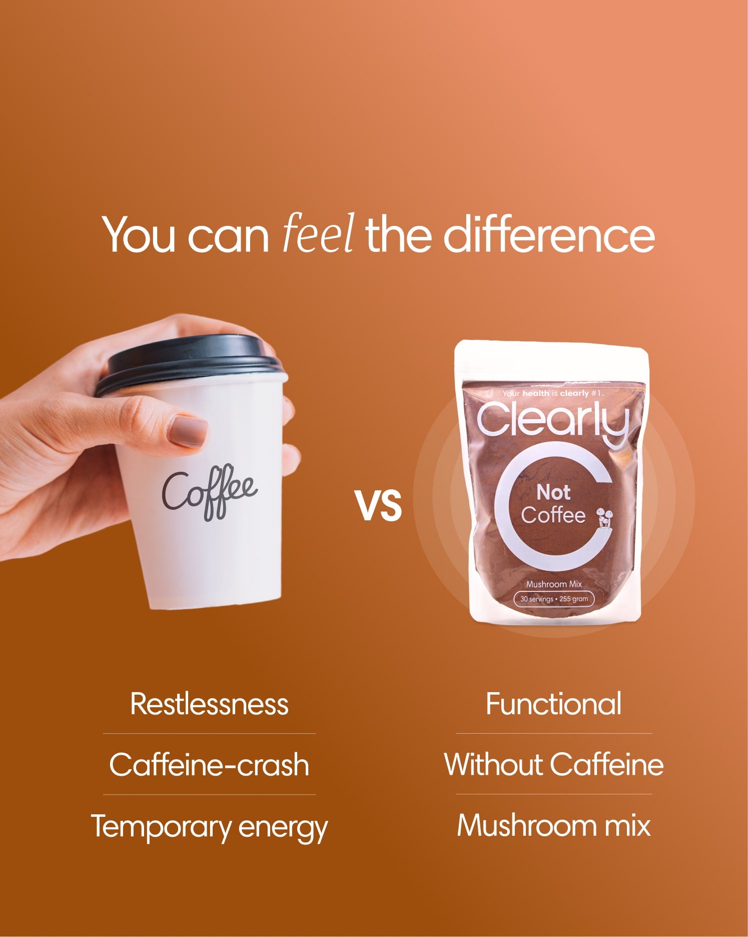 Clearly Not Coffee powder in a container with a scoop, showing the beige powder inside on a white background.
