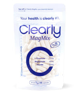 Clearly Magnesium Mix supplement in a bottle with a scoop, showing the product label and white and purple packaging.