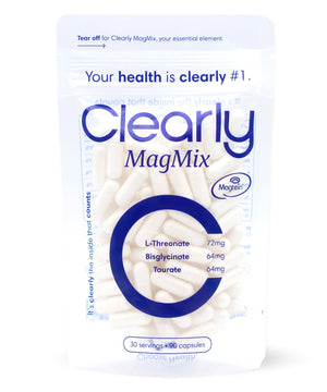 Clearly Magnesium Mix supplement in a bottle with a scoop, showing the product label and white and purple packaging.