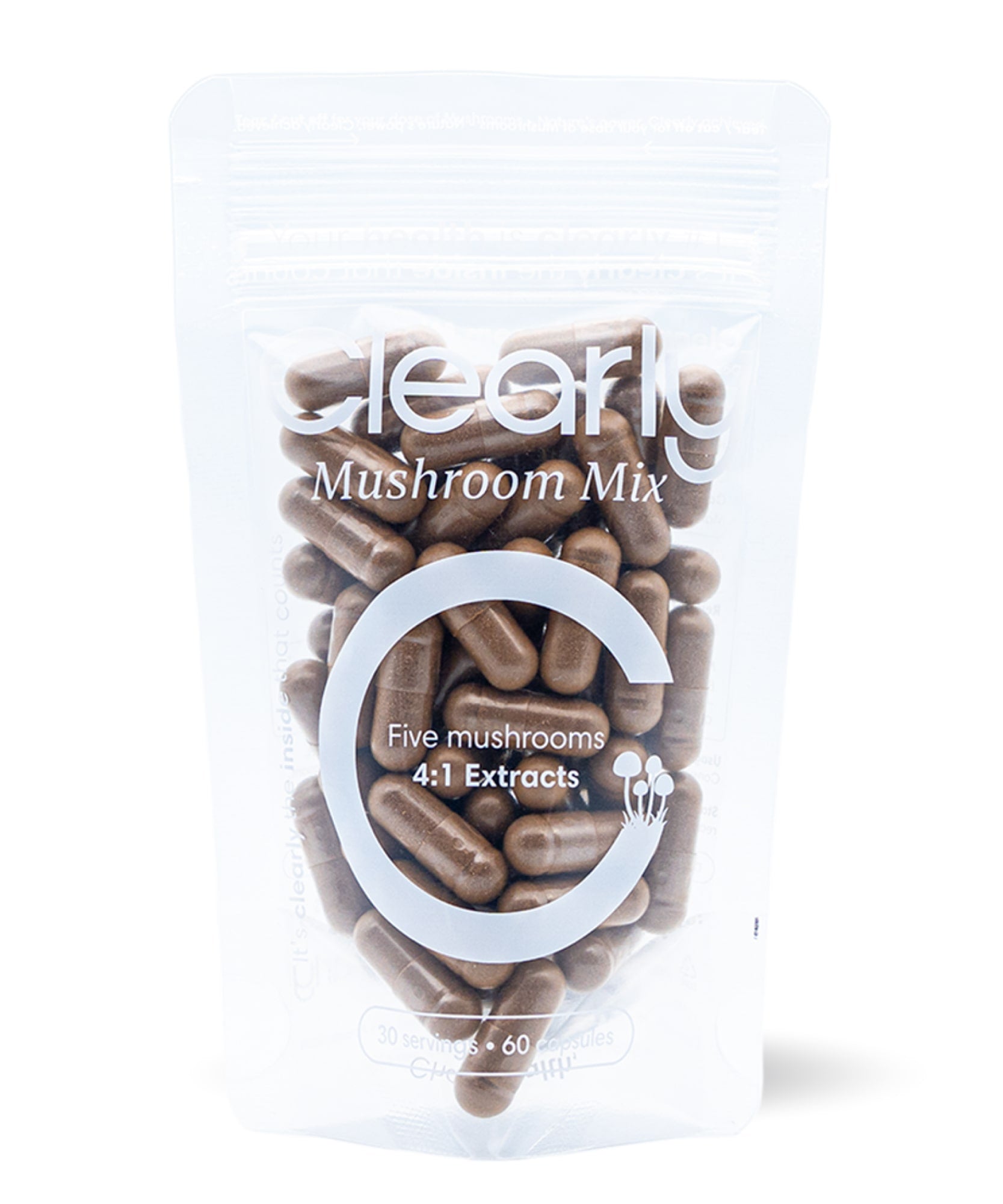 Clearly Mushroom Mix capsules displayed in a bottle, featuring a variety of mushroom supplements in capsule form.