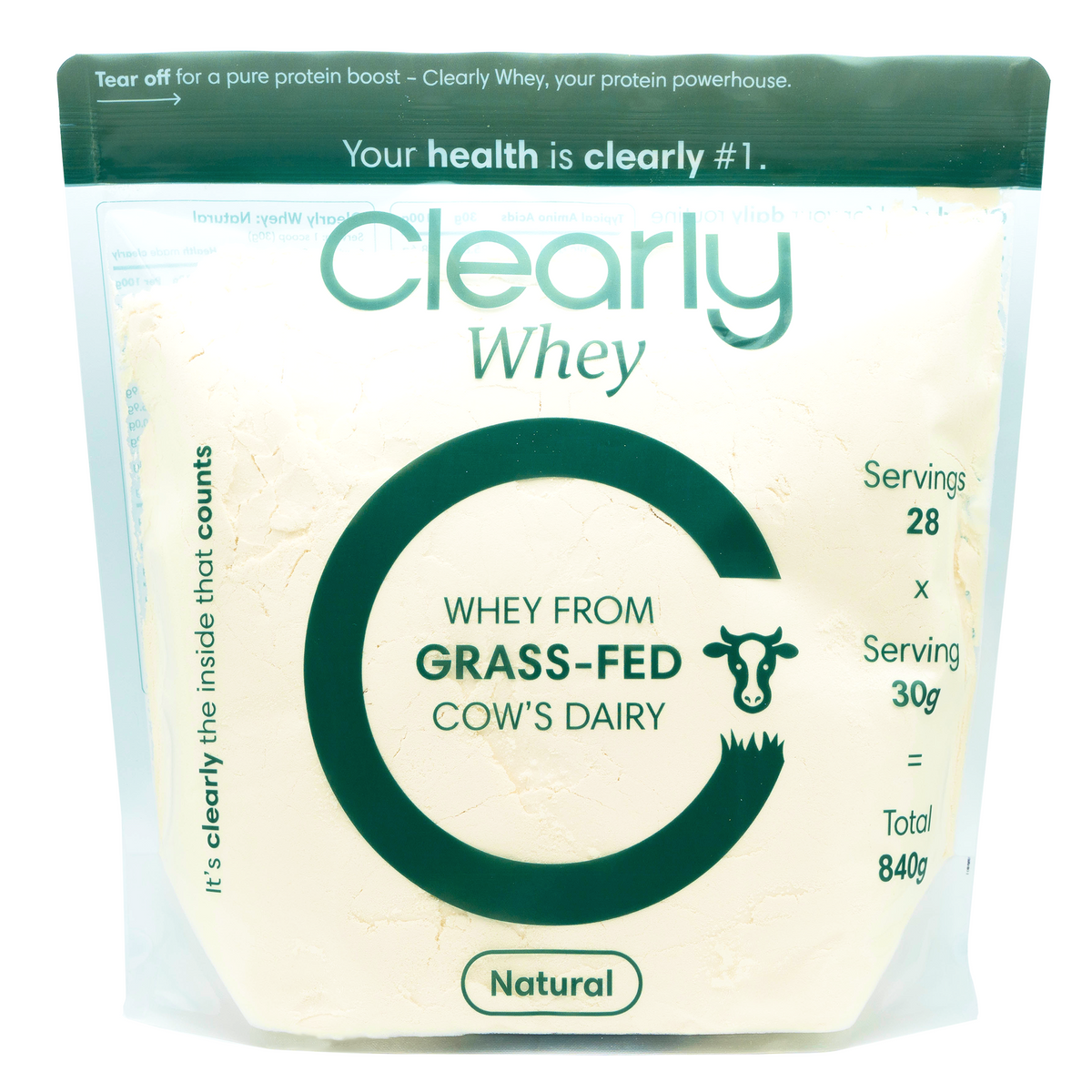 Clearly Grass-fed Whey Powder in a natural front-facing view, showcasing the clean, protein-rich supplement packaging.