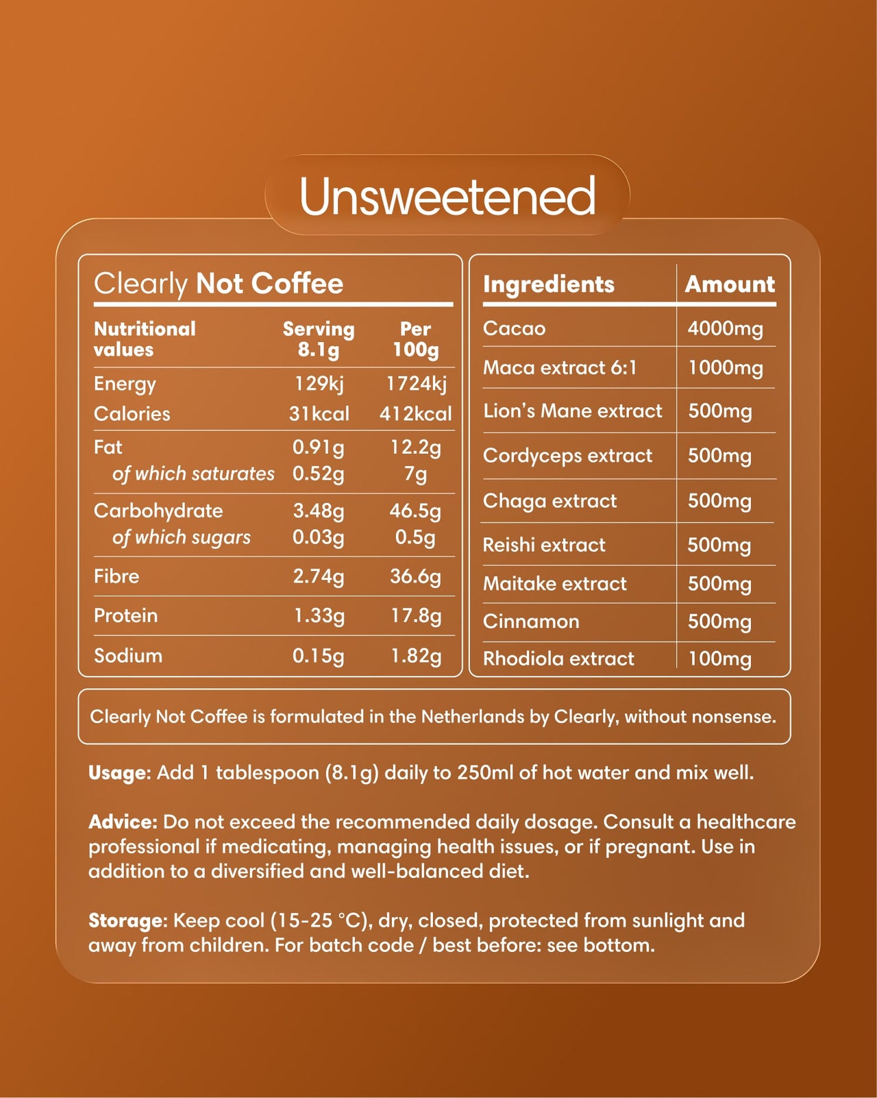 Clearly Not Coffee unsweetened powder in a labeled container, showing the product packaging and branding.
