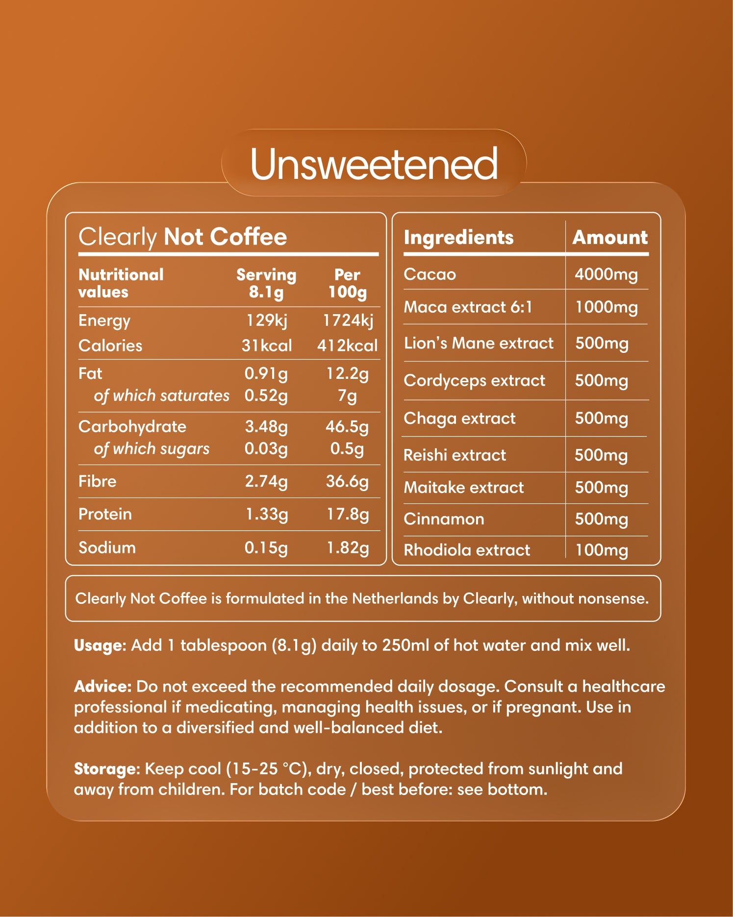 Clearly Not Coffee unsweetened powder in a labeled container, showing the product packaging and branding.