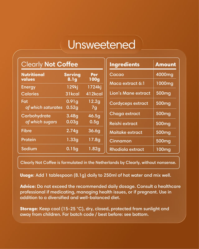 Clearly Not Coffee unsweetened powder in a labeled container, showing the product packaging and branding.