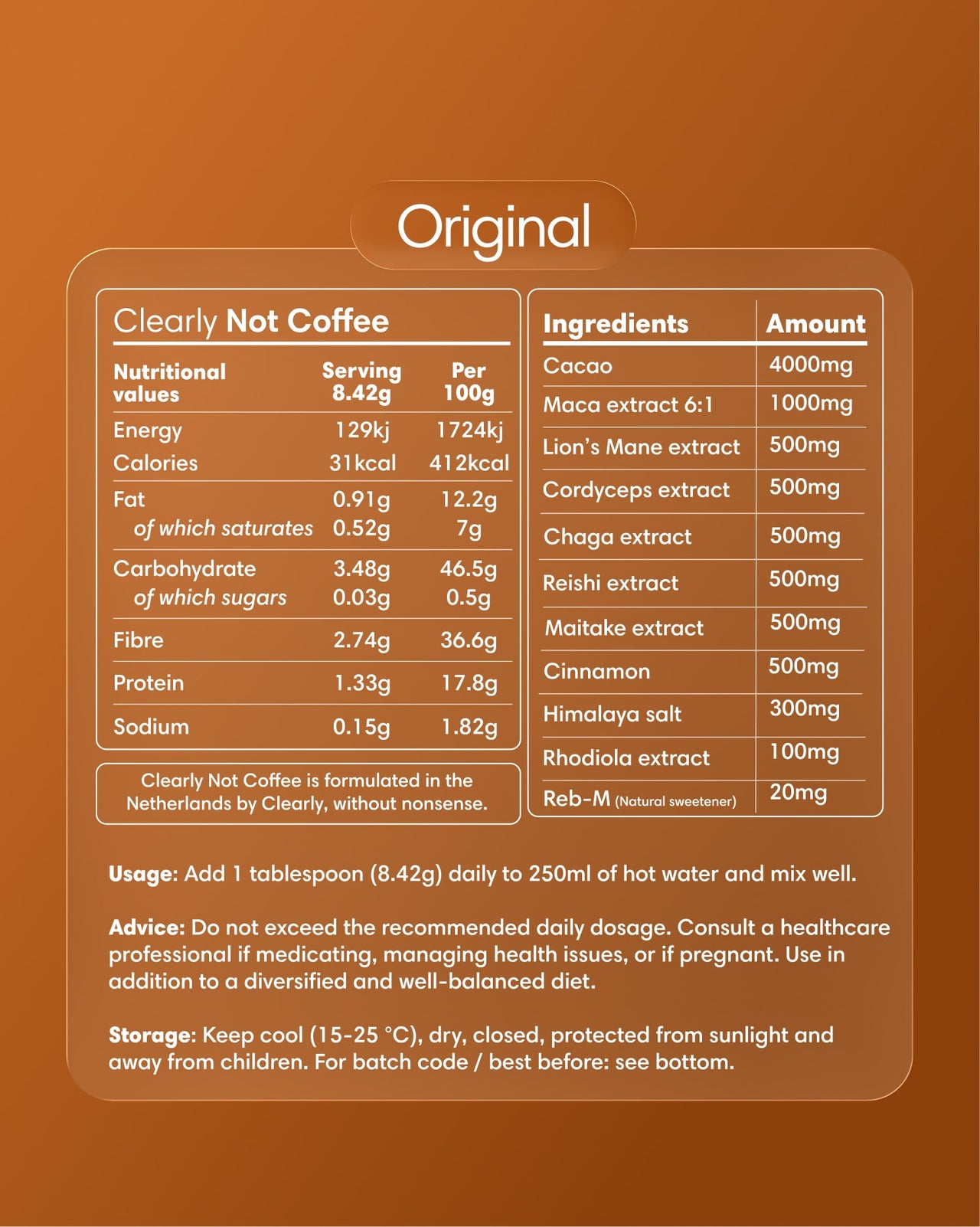 Clearly Not Coffee powder in a container with the original label, showcasing the plant-based coffee alternative product.
