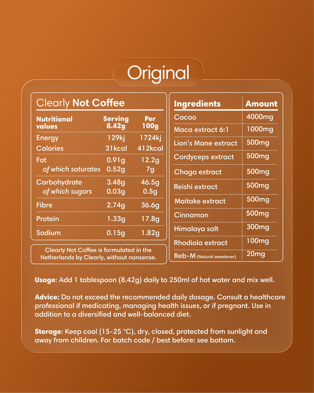 Clearly Not Coffee powder in a container with the original label, showcasing the plant-based coffee alternative product.