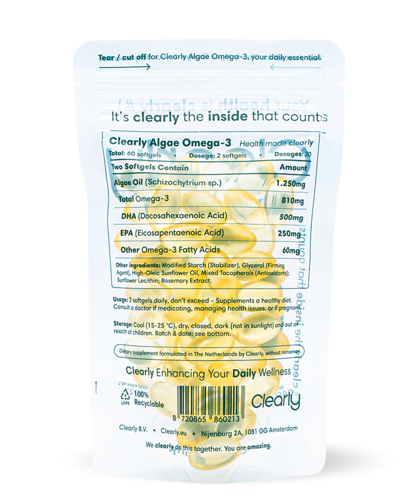 Clearly Omega-3 supplement bottle with softgel capsules, showing the product label and capsules inside.