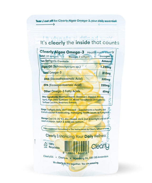 Clearly Omega-3 supplement bottle with softgel capsules, showing the product label and capsules inside.