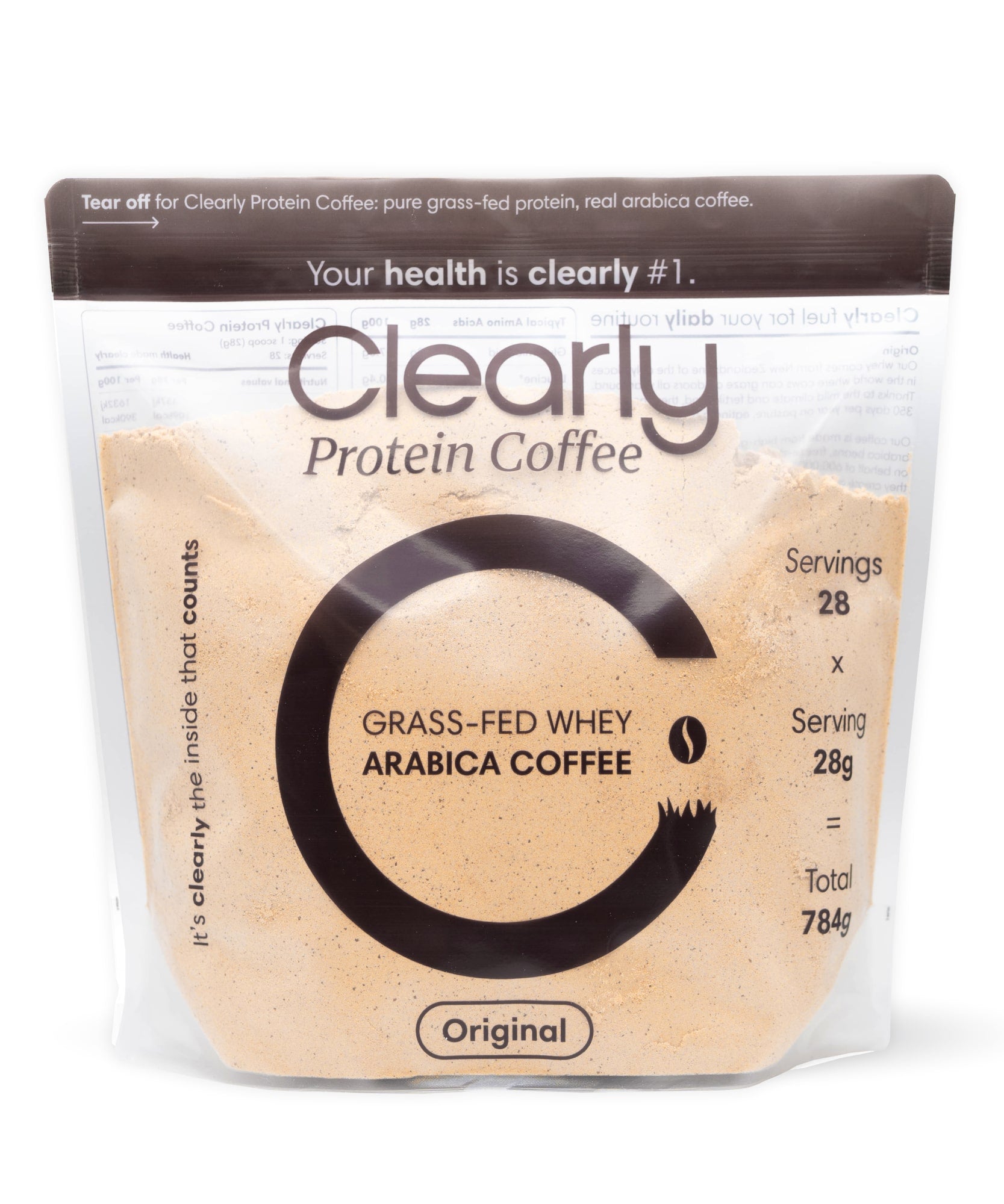 Clearly Protein Iced Coffee in a clear bottle with a black cap, showing a creamy coffee beverage with ice and a straw.