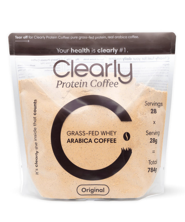 Clearly Protein Iced Coffee in a clear bottle with a black cap, showing a creamy coffee beverage with ice and a straw.