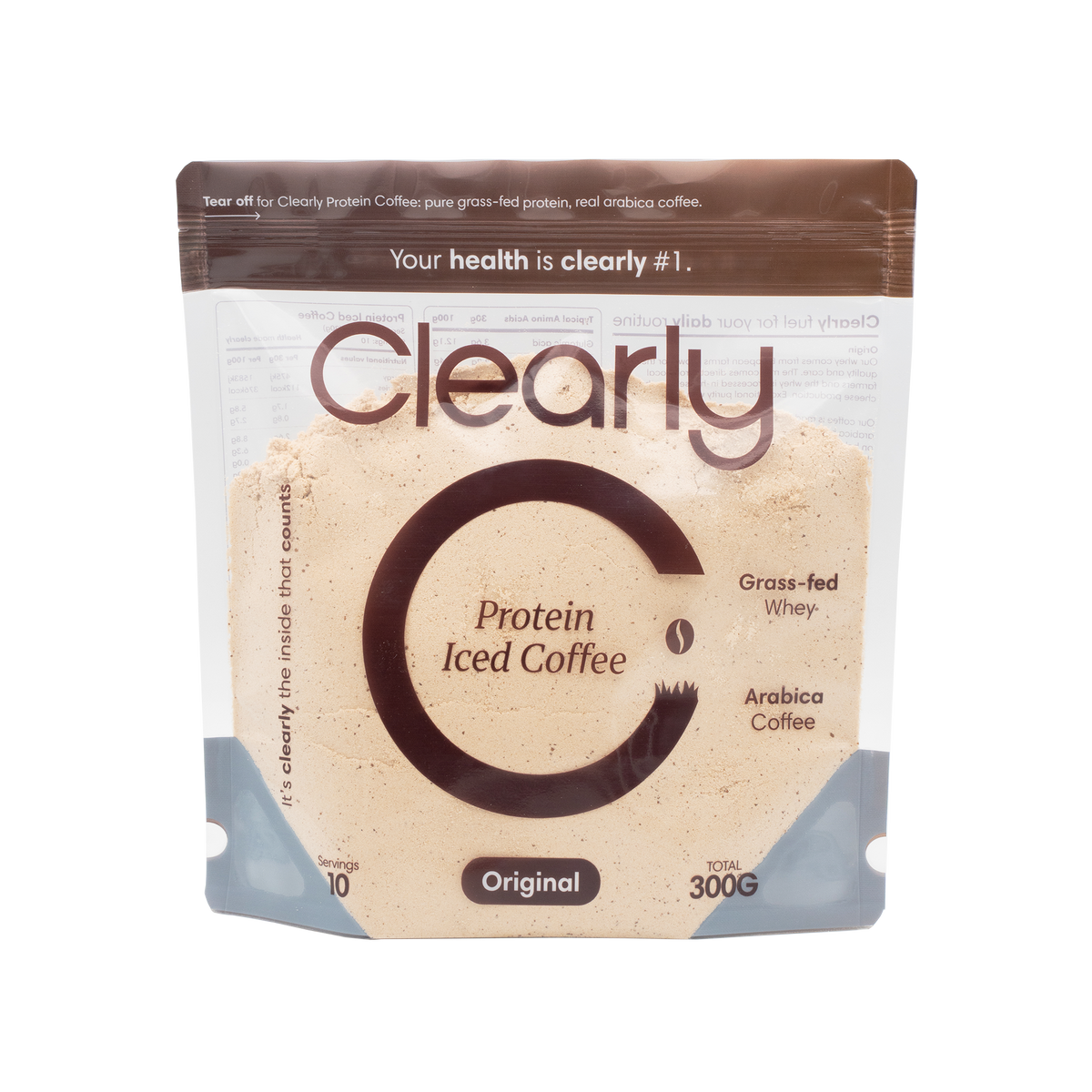 Clearly Protein Iced Coffee in original flavor, featuring a chilled coffee beverage with protein boost in a clear glass.