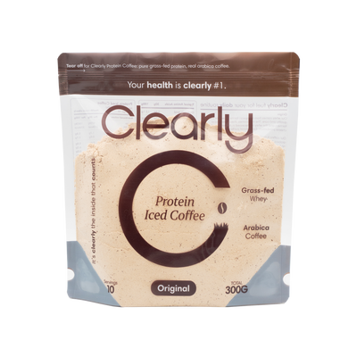 Clearly Protein Iced Coffee in original flavor, featuring a chilled coffee beverage with protein boost in a clear glass.
