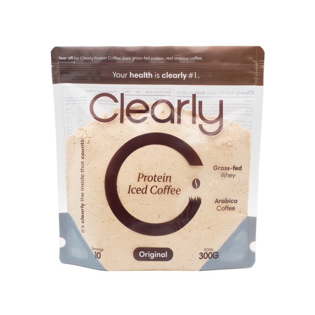 Clearly Protein Iced Coffee in original flavor, featuring a chilled coffee beverage with protein boost in a clear glass.
