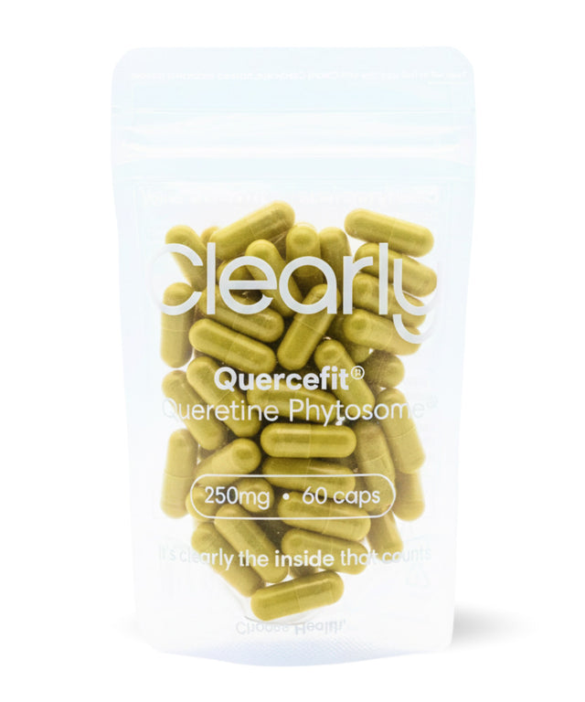Clearly Quercetine capsules in a bottle, showing the supplement's front label and capsules inside.
